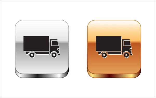 黒い配達貨物トラックの車両のアイコンは、白い背景に隔離されています。シルバーゴールドの正方形のボタン。ベクトルイラストレーション — ストックベクタ