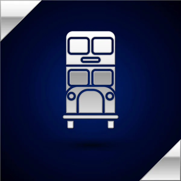 Ícone de barramento de prata de dois andares isolado no fundo azul escuro. Ônibus clássico de passageiros de Londres. Símbolo de transporte público. Ilustração vetorial — Vetor de Stock