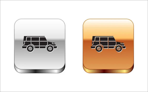 Czarna ikona samochodu drogowego na białym tle. Znak Jeep. Srebrny-Złoty kwadrat przycisk. Ilustracja wektorowa — Wektor stockowy