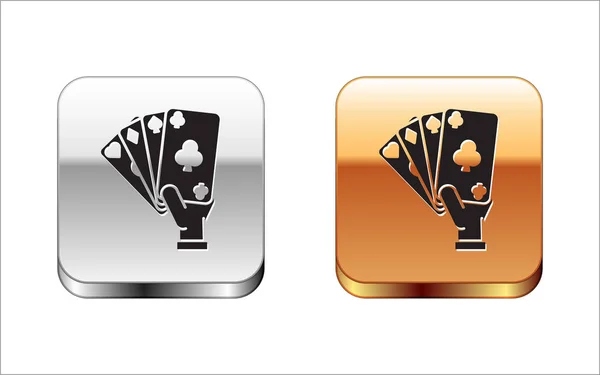 Black Hand holding playing cards icon isolated on white background. Casino game design. Silver-gold square button. Vector Illustration — Stock Vector
