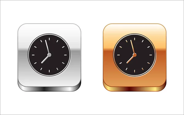 Icono del reloj negro aislado sobre fondo blanco. Símbolo de tiempo. Botón cuadrado plata-oro. Ilustración vectorial — Vector de stock