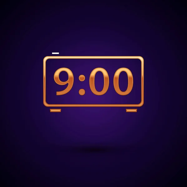 Gold icona della sveglia digitale isolato su sfondo blu scuro. Orologio elettronico sveglia. Icona del tempo. Illustrazione vettoriale — Vettoriale Stock