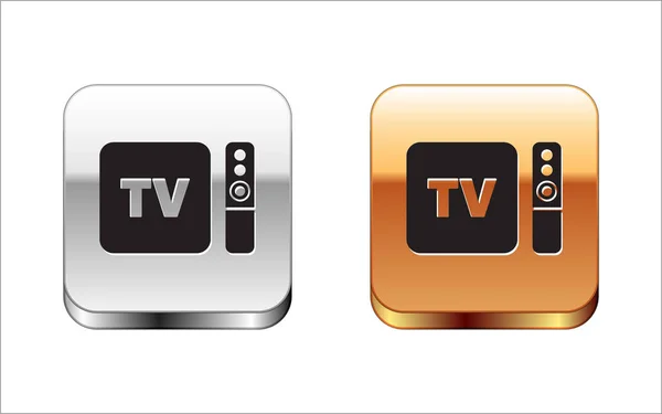 Μαύρος δέκτης πολυμέσων και τηλεοπτικού κουτιού και παίκτης με τηλεχειριστήριο εικονίδιο απομονώνεται σε λευκό φόντο. Ασημί-χρυσό τετράγωνο κουμπί. Απεικόνιση διανυσματικών φορέων — Διανυσματικό Αρχείο