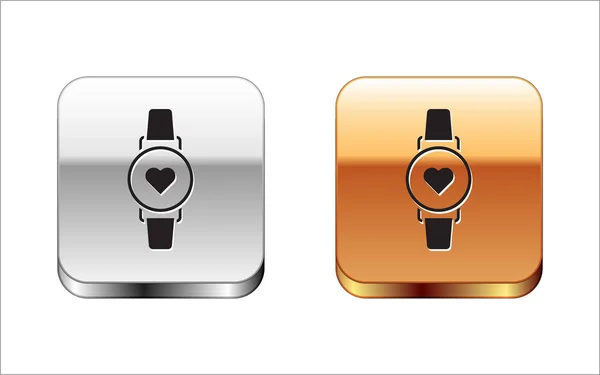 Black Smart montre montrant rythme cardiaque icône isolée sur fond blanc. Concept d'application de fitness. Bouton carré argent-or. Illustration vectorielle — Image vectorielle