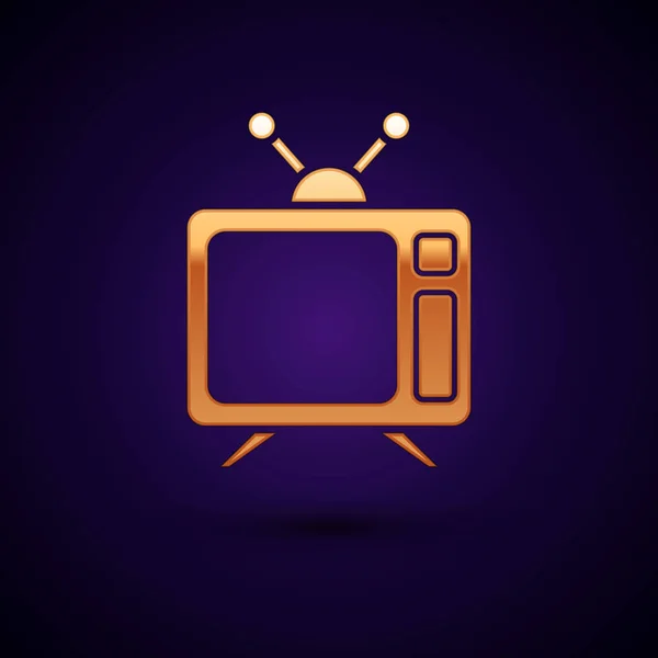 Icono de TV de oro aislado sobre fondo azul oscuro. Señal de televisión. Ilustración vectorial — Vector de stock