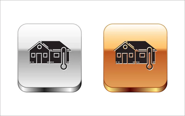 Svart hus temperatur ikon isolerad på vit bakgrund. Termometer ikon. Silver-guld fyrkantig knapp. Vektor illustration — Stock vektor