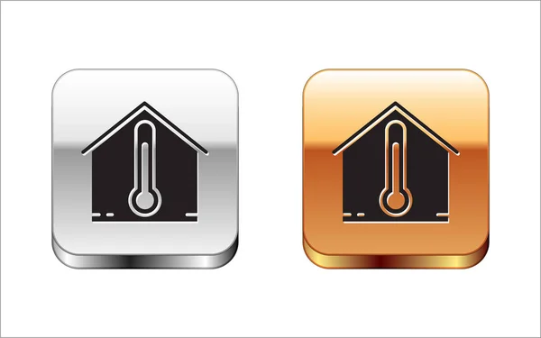 Schwarzes Haus Temperatur Symbol isoliert auf weißem Hintergrund. Thermometer-Symbol. Silber-Gold quadratischer Knopf. Vektorillustration — Stockvektor