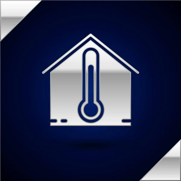 Gümüş Ev sıcaklık simgesi koyu mavi arka plan üzerinde izole. Termometre simgesi. Vektör İllüstrasyonu — Stok Vektör