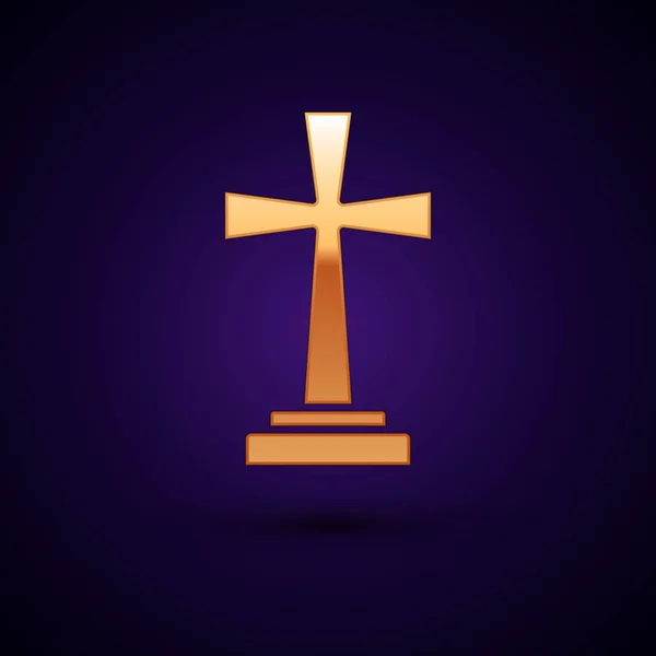 Gold Tombstone with cross icon isolated on dark blue background. Grave icon. Vector Illustration — Stock Vector