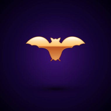 Altın Uçan yarasa simgesi koyu mavi arka plan üzerinde izole. Vektör İllüstrasyonu