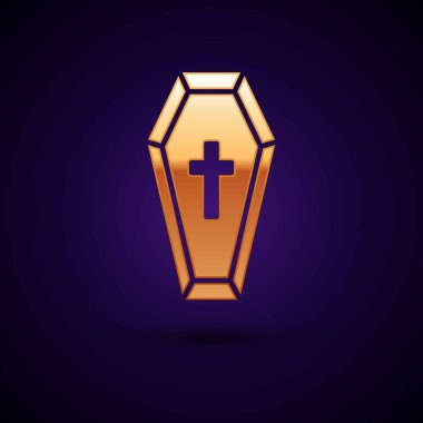 Koyu mavi arka plan üzerinde izole hıristiyan çapraz simgesi ile Altın Tabut. Mutlu Cadılar Bayramı partisi. Vektör İllüstrasyonu