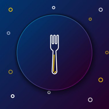 Beyaz ve sarı çizgi Çatal simgesi koyu mavi arka planda izole. Çatal bıçak takımı sembolü. Renkli anahat konsepti. Vektör İllüstrasyonu