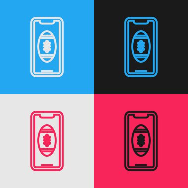 Ekran simgesi üzerinde Amerikan futbol topu ile renk çizgisi Smartphone renk arka plan üzerinde izole. Cep telefonu için online futbol oyunu. Vintage tarzı çizim. Vektör İllüstrasyonu
