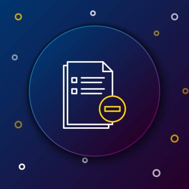 Beyaz ve sarı çizgi Koyu mavi arka planda izole eksi simgesi olan belge. Belgeyi temizleyin. Dosya belgesini kaldırın. Bilgi dosyalarını silin. Renkli anahat konsepti. Vektör İllüstrasyonu