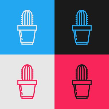 Renk hattı Kaktüs ve renk arka planda izole pot simgesi sulu. Bir tencerede yetişen bitki. Saksı bitki işareti. Vintage tarzı çizim. Vektör İllüstrasyonu