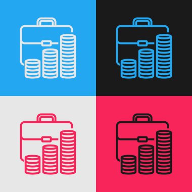 Renk çizgisi Evrak Çantası ve sikke simgesi renk arka planda yalıtılmış. İş davası işareti. İş portföyü. Vintage tarzı çizim. Vektör İllüstrasyonu