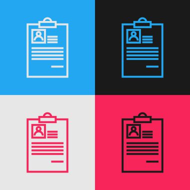 Renk arka planda yalıtılmış özgeçmiş simgesine sahip renk çizgisi Panosu. Cv başvurusu. Özgeçmiş, profil fotoğrafı ile iş başvuru formu. Vintage tarzı çizim. Vektör İllüstrasyonu