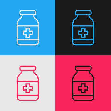 Renk çizgisi Tıp şişe simgesi renk arka planda izole. Şişe hapı işareti. Eczane tasarımı. Vintage tarzı çizim. Vektör İllüstrasyonu