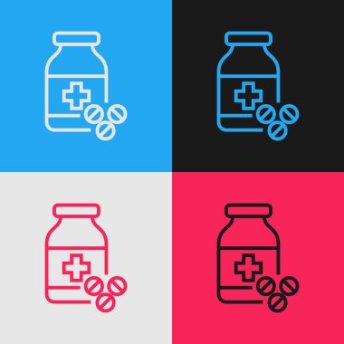 Renk hattı Tıp şişe ve hap simgesi renk arka planda izole. Şişe hapı işareti. Eczane tasarımı. Vintage tarzı çizim. Vektör İllüstrasyonu