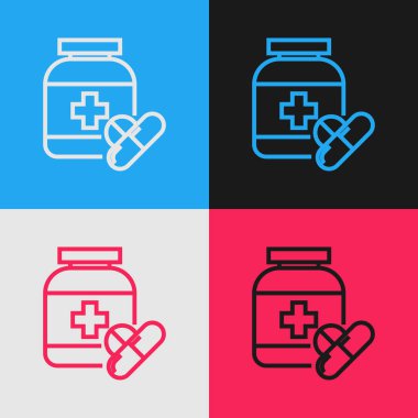 Renk hattı Tıp şişe ve hap simgesi renk arka planda izole. Şişe hapı işareti. Eczane tasarımı. Vintage tarzı çizim. Vektör İllüstrasyonu
