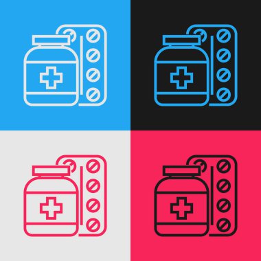 Renk hattı Tıp şişe ve hap simgesi renk arka planda izole. Şişe hapı işareti. Eczane tasarımı. Vintage tarzı çizim. Vektör İllüstrasyonu