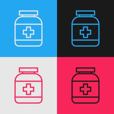 Renk çizgisi Tıp şişe simgesi renk arka planda izole. Şişe hapı işareti. Eczane tasarımı. Vintage tarzı çizim. Vektör İllüstrasyonu