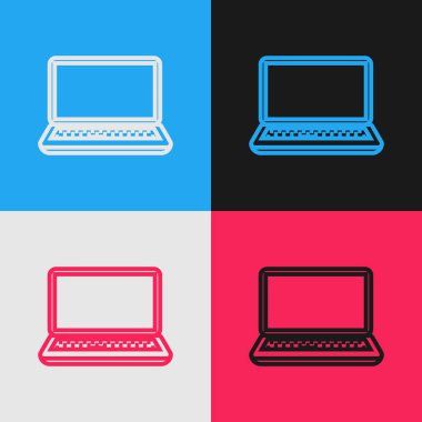 Renk çizgisi Dizüstü simge renk arka planda yalıtılmış. Boş ekran işareti olan bilgisayar not defteri. Vintage tarzı çizim. Vektör İllüstrasyonu