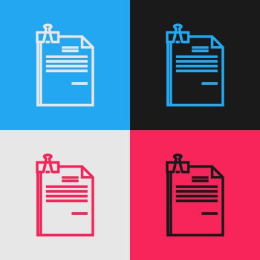 Renk çizgisi Dosya belgesi ve renk arka planında yalıtılmış bağlayıcı klip simgesi. Denetim listesi simgesi. İş konsepti. Vintage tarzı çizim. Vektör İllüstrasyonu