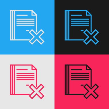 Renk satırı silme dosya simgesi renk arkaplanı üzerinde izole edildi. Reddedilmiş belge simgesi. Kağıt üzerinde çarmıh. Klasik tarzda çizim. Vektör İllüstrasyonu