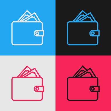 Renk çizgisi Cüzdan yığınları kağıt para nakit simgesi renk arka planda izole ile. Çanta simgesi. Nakit tasarruf sembolü. Vintage tarzı çizim. Vektör İllüstrasyonu