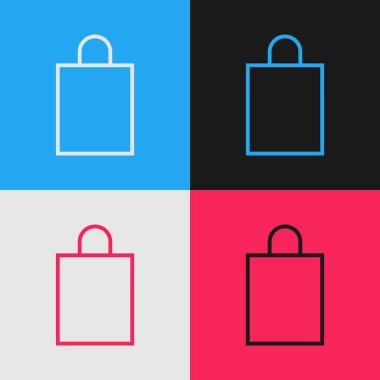 Renk çizgisi Renkli arka planda yalıtılmış kağıt alışveriş çantası simgesi. Paket işareti. Vintage tarzı çizim. Vektör İllüstrasyonu