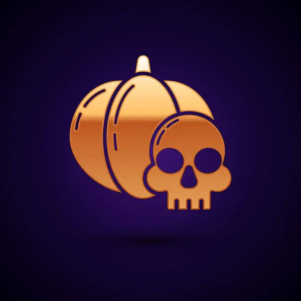 Gold Pumpkin and skull icon isolated on dark blue background. Happy Halloween party. Vector Illustration — Stok Vektör