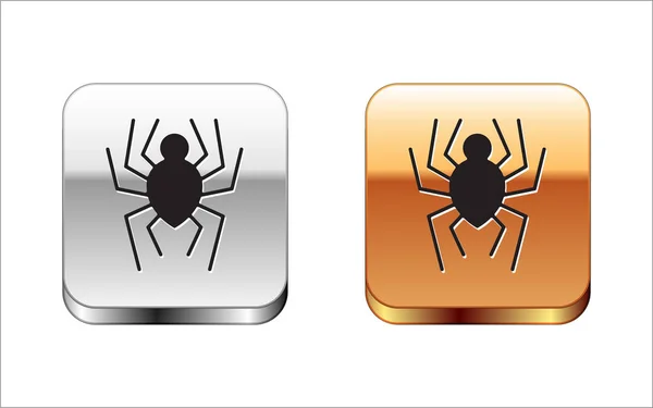 Black Spider icon isolated on white background. Happy Halloween party. Silver-gold square button. Vector Illustration — Stok Vektör