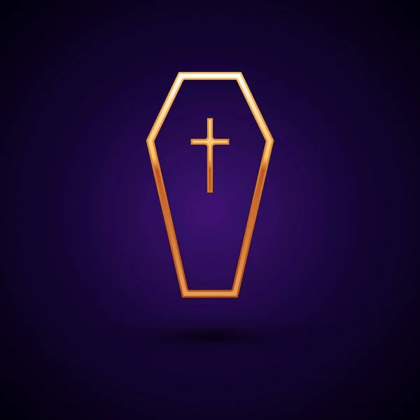 Gold Coffin with christian cross icon isolated on dark blue background. Happy Halloween party. Vector Illustration — Stock Vector