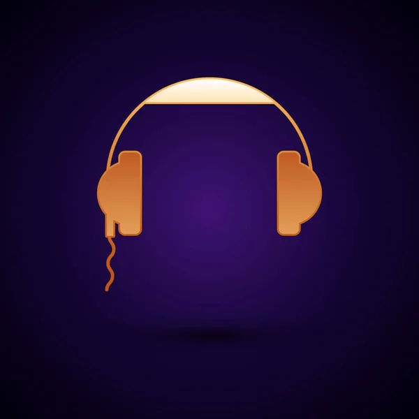 Icono de auriculares dorados aislado sobre fondo azul oscuro. Signo de auriculares. Concepto para escuchar música, servicio, comunicación y operador. Ilustración vectorial — Vector de stock