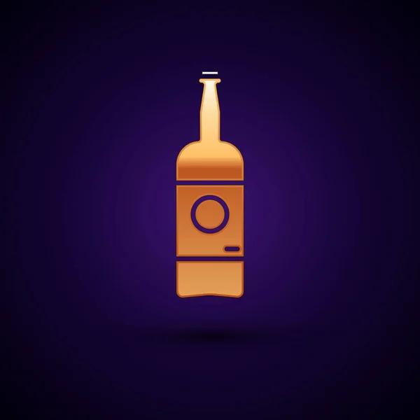 Ícone de garrafa de cerveja dourada isolado no fundo azul escuro. Ilustração vetorial — Vetor de Stock