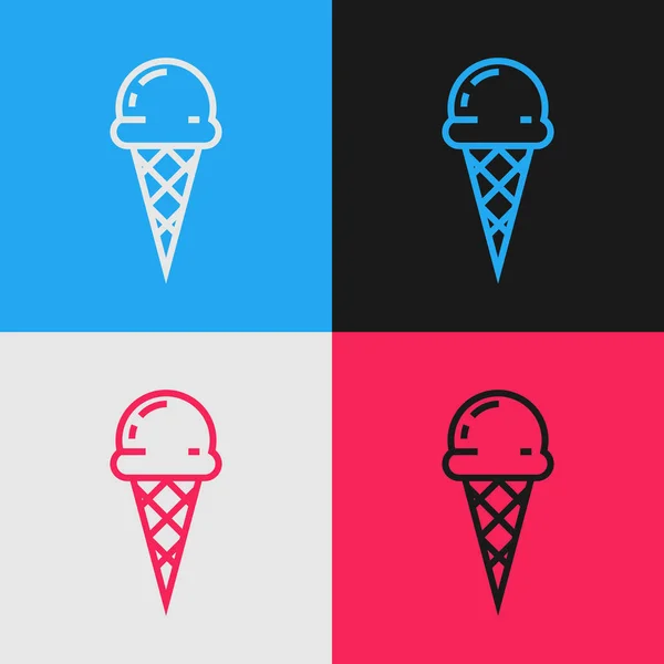 Цветная линия Мороженое в вафельный конус значок изолированы на цветном фоне. Милый символ. Рисунок в винтажном стиле. Векторная миграция — стоковый вектор