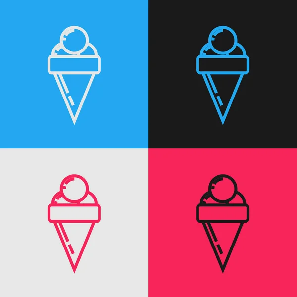 Цветная линия Мороженое в вафельный конус значок изолированы на цветном фоне. Милый символ. Рисунок в винтажном стиле. Векторная миграция — стоковый вектор