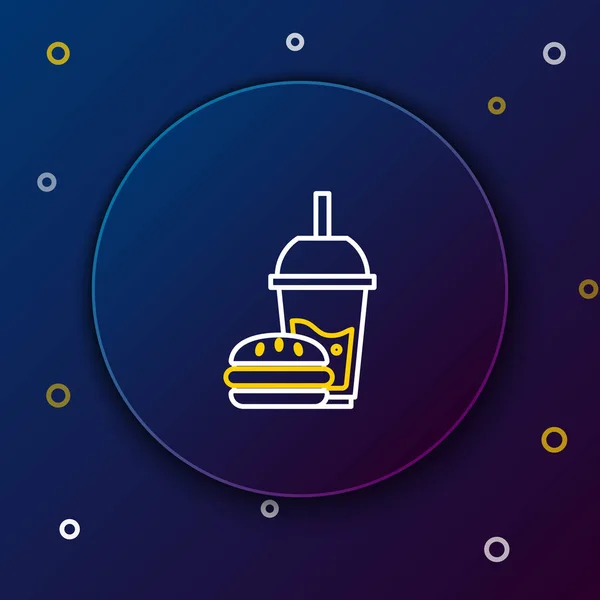 Línea blanca y amarilla Vidrio de papel con paja para beber e icono de hamburguesa sobre fondo azul oscuro. Signo de bebida de soda aqua. Hamburguesa, sándwich de hamburguesa con queso. Concepto de esquema colorido. Ilustración vectorial — Vector de stock