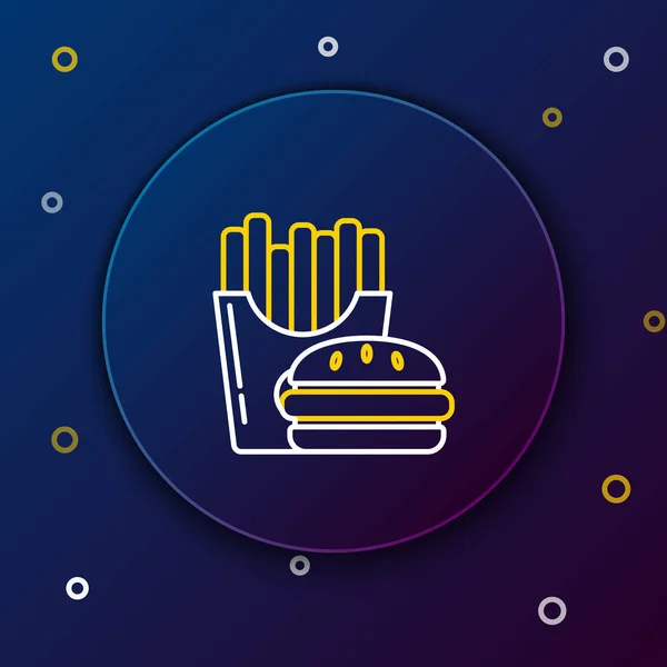 Línea blanca y amarilla Hamburguesa y papas fritas en caja de cartón icono sobre fondo azul oscuro. Hamburguesa, sándwich de hamburguesa con queso. Menú de comida rápida. Concepto de esquema colorido. Ilustración vectorial — Archivo Imágenes Vectoriales