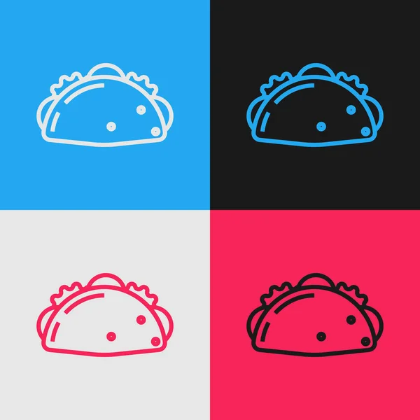 Ligne de couleur Taco avec icône tortilla isolée sur fond de couleur. Menu mexicain traditionnel de restauration rapide. Dessin style vintage. Illustration vectorielle — Image vectorielle