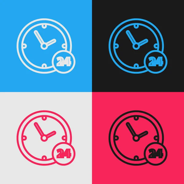 Farbzeilenuhr 24 Stunden Symbol isoliert auf farbigem Hintergrund. ganztägige zyklische Ikone. 24 Stunden Service-Symbol. Vintage-Stil Zeichnung. Vektorillustration — Stockvektor