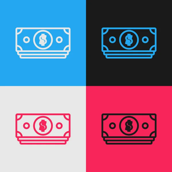 Kleur lijn stapels papiergeld cash pictogram geïsoleerd op kleur achtergrond. Geld bankbiljetten stapels. Factuurvaluta. Vintage stijl tekening. Vector illustratie — Stockvector