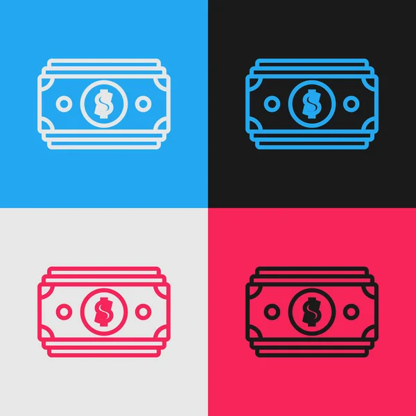 Barevná čára zásobníky papír peněžní hotovost ikona izolovaná na barevném pozadí. Peníze na bankovky. Měna Billa. Kresba stylu. Vektorová ilustrace — Stockový vektor