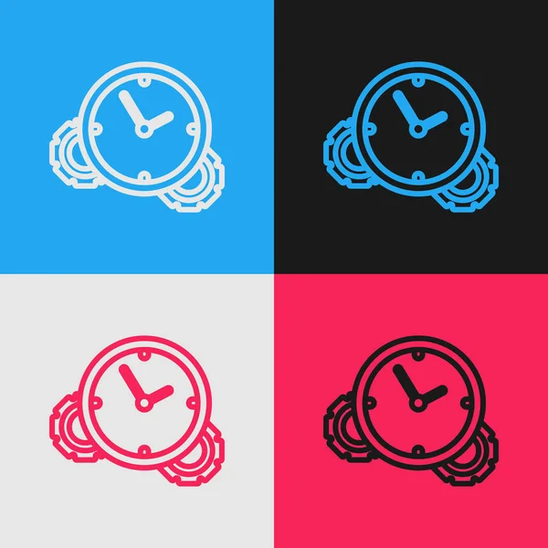 Línea de color Icono de gestión del tiempo aislado sobre fondo de color. Señal de reloj y engranaje. Símbolo de productividad. Dibujo de estilo vintage. Ilustración vectorial — Vector de stock