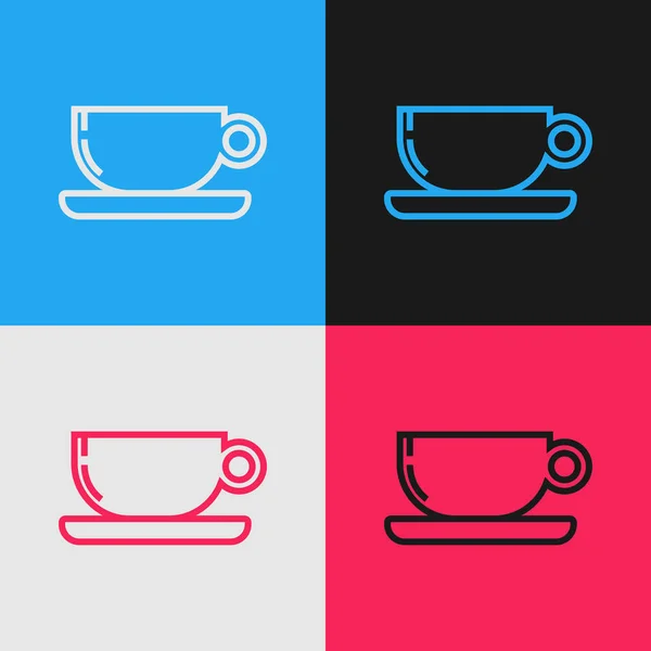 颜色线 咖啡杯平面图标隔离在颜色背景上。茶杯热饮咖啡。复古风格的绘图。矢量插图 — 图库矢量图片