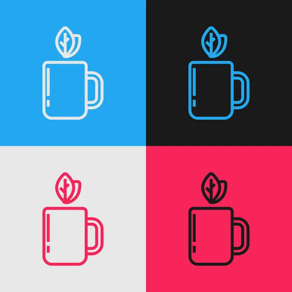 Цвет линии Чашка чая и листа значок изолированы на цветном фоне. Рисунок в винтажном стиле. Векторная миграция — стоковый вектор