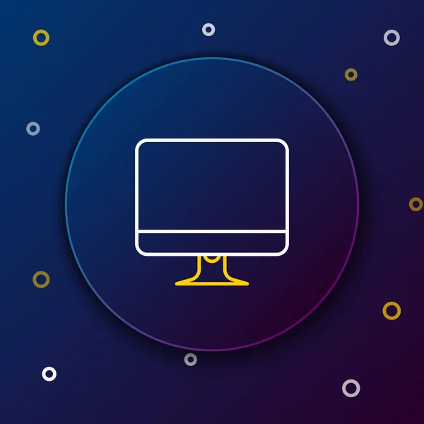 Linea bianca e gialla Icona dello schermo del monitor del computer isolato su sfondo blu scuro. Dispositivo elettronico. Vista frontale. Concetto di contorno colorato. Illustrazione vettoriale — Vettoriale Stock