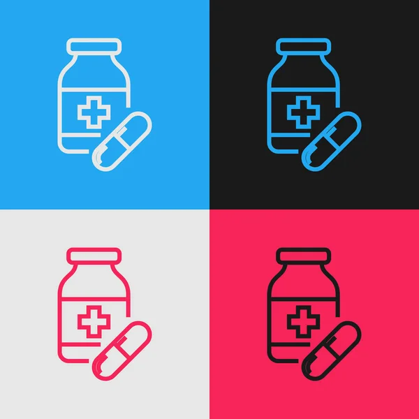 Цветовая линия Бутылка медицины и таблетки значок изолирован на цветном фоне. Вывеска с таблетками. Аптечный дизайн. Рисунок в винтажном стиле. Векторная миграция — стоковый вектор
