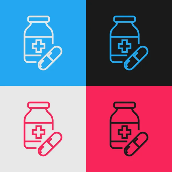 Kleur lijn geneeskunde fles en pillen pictogram geïsoleerd op kleur achtergrond. Fles pil teken. Apotheek ontwerp. Vintage stijl tekening. Vector illustratie — Stockvector